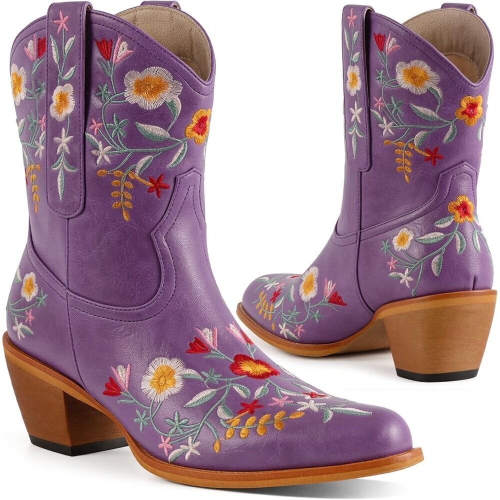 Women's Purple Ankle Cowgirl Boots Flower Embroidered Square Toe Chunky Heel - Picture 8 of 8